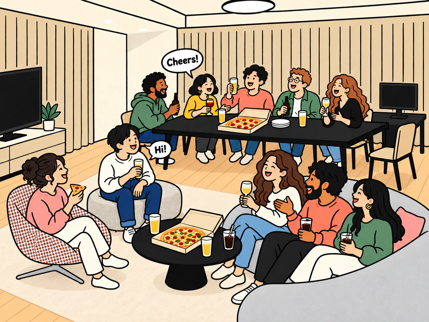 リビングでピザを囲んで英会話